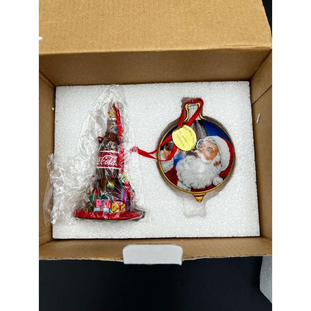 Coca-Cola Christmas Ornament Set Santa Claus Medallion and Bottle Tree 2pc